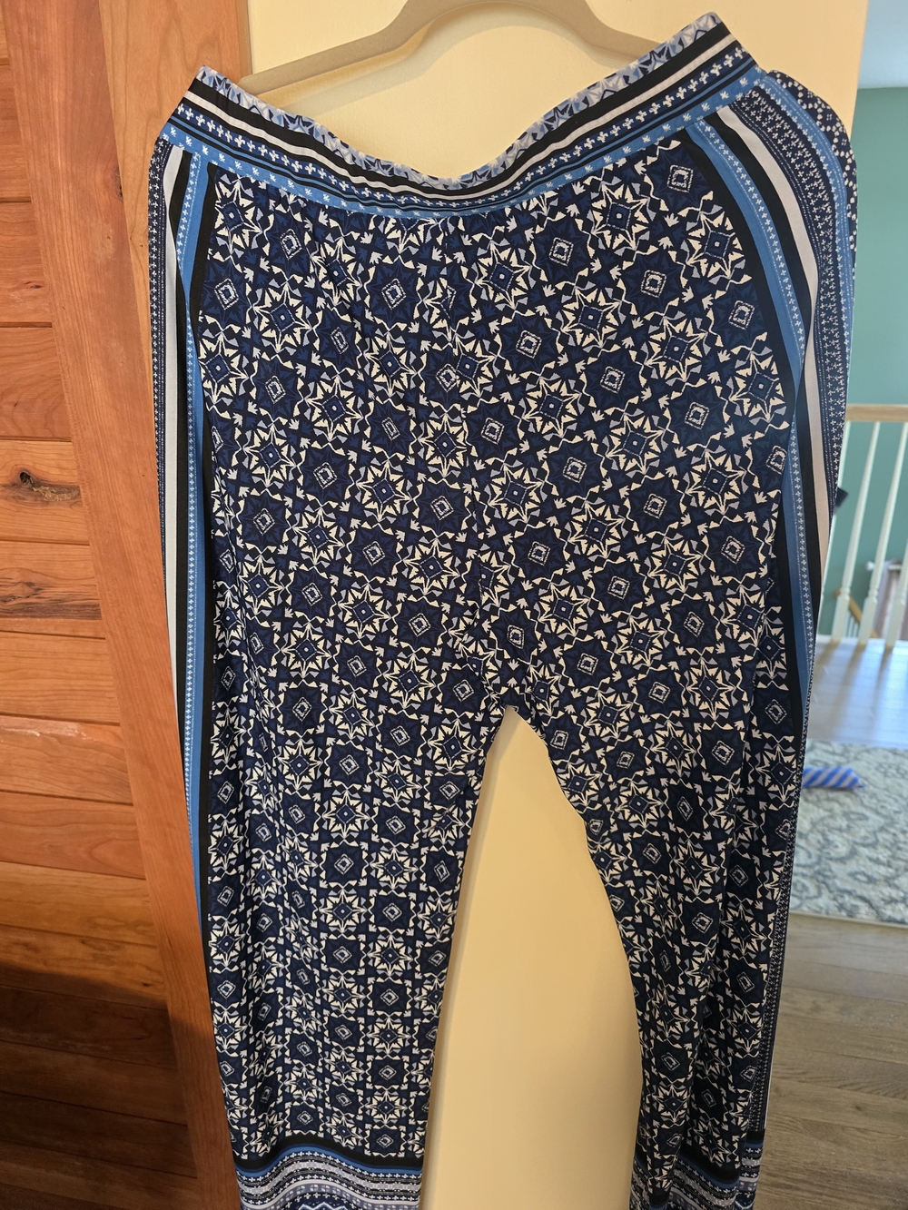 Attitudes by Renee Navy Blue Patterned Pants with Side Stripes
